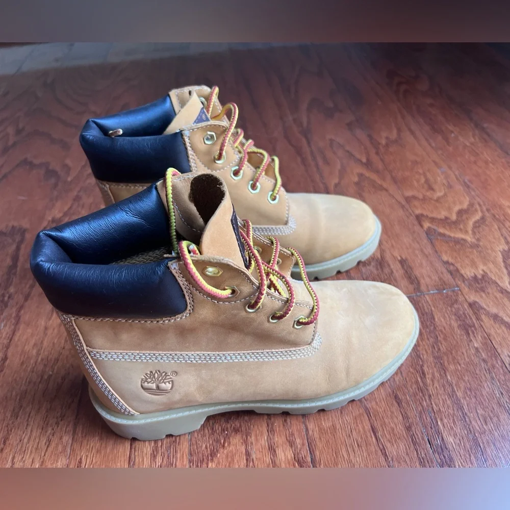 Timberland Kids Wheat Tan Boots with Black Collar and Yellow/Red Laces